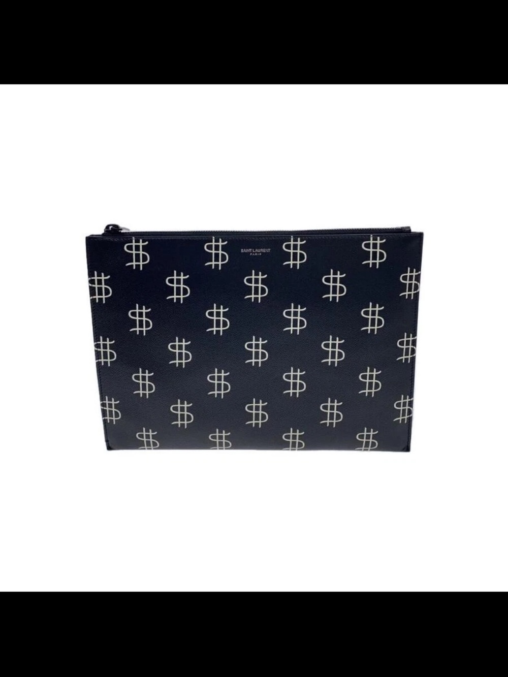 Saint Laurent Black Leather Pouch with White Dollar-Sign Print